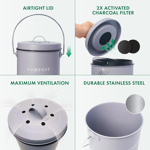 FINESSY compost bin staged on kitchen counter promoting tidy organization