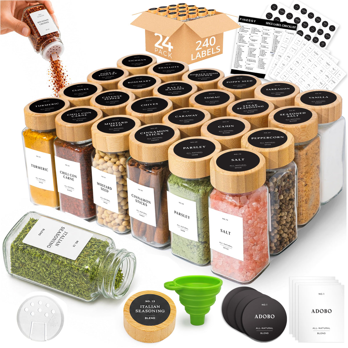 FINESSY front view of 24 glass spice jars showing neat organization benefit