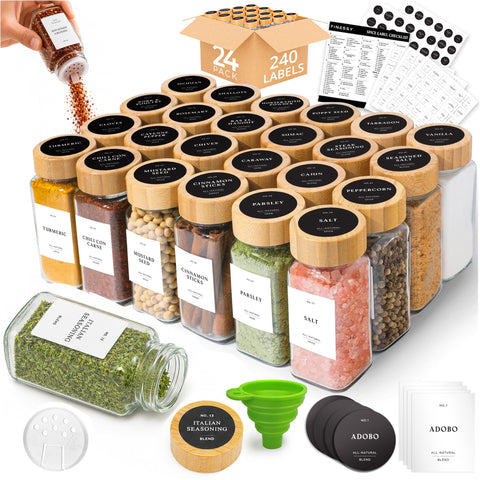 FINESSY front view of 24 glass spice jars showing neat organization benefit