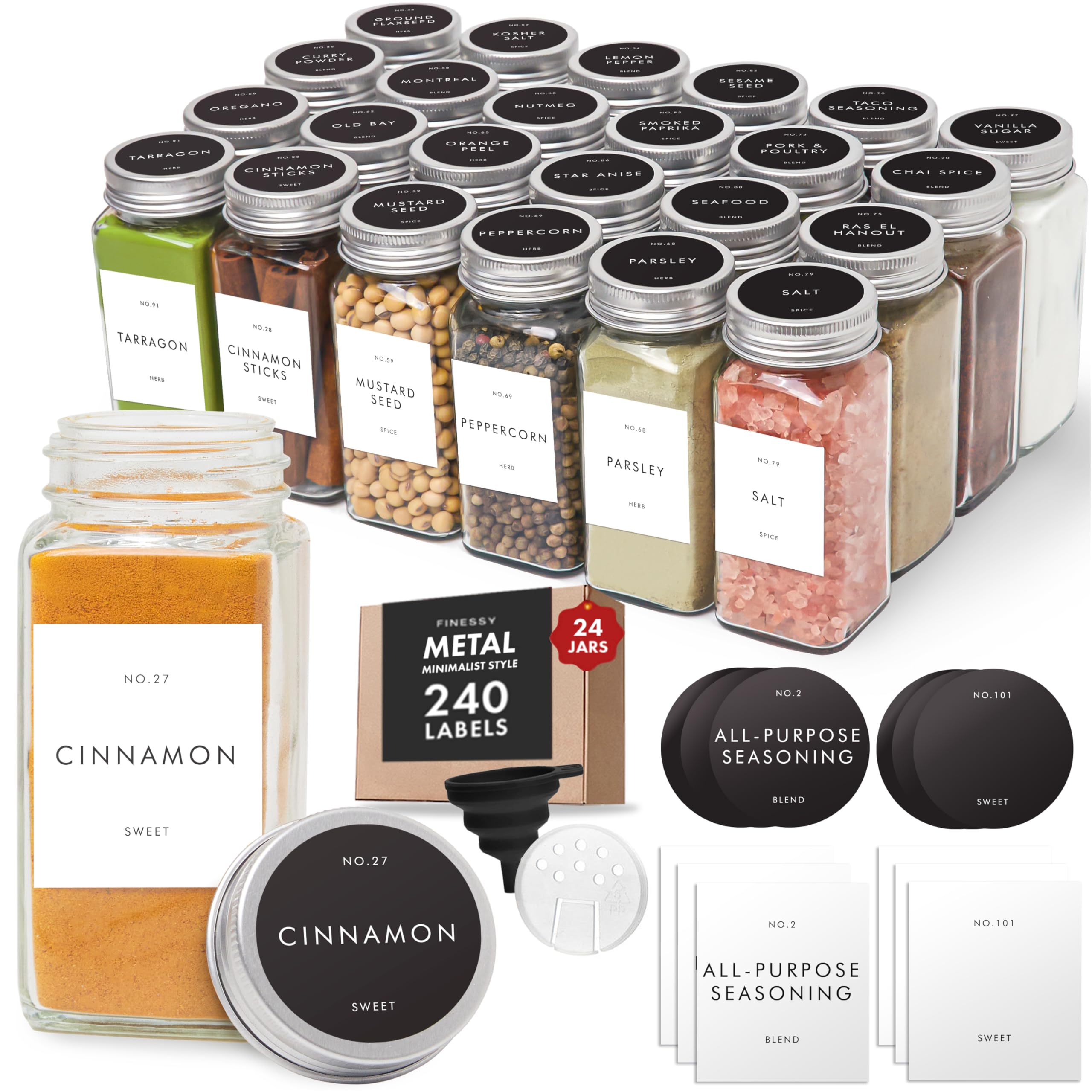 FINESSY front view of 24 glass spice jars displaying set and labels, improves pantry look