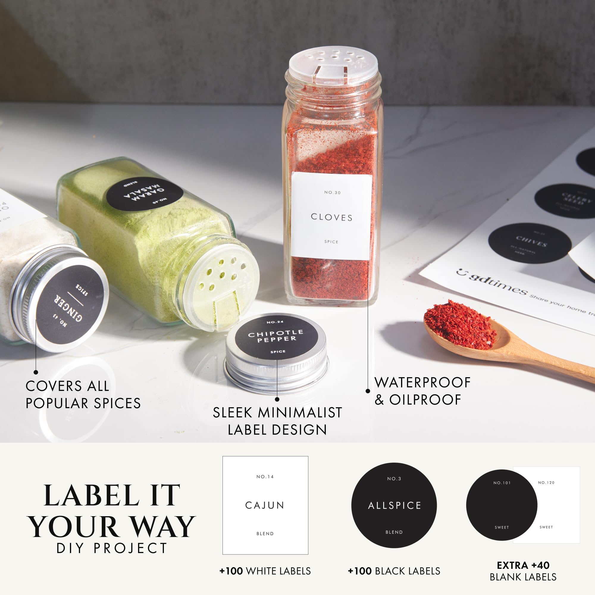 FINESSY organized pantry grid of labeled jars, creates neat and visible spice system