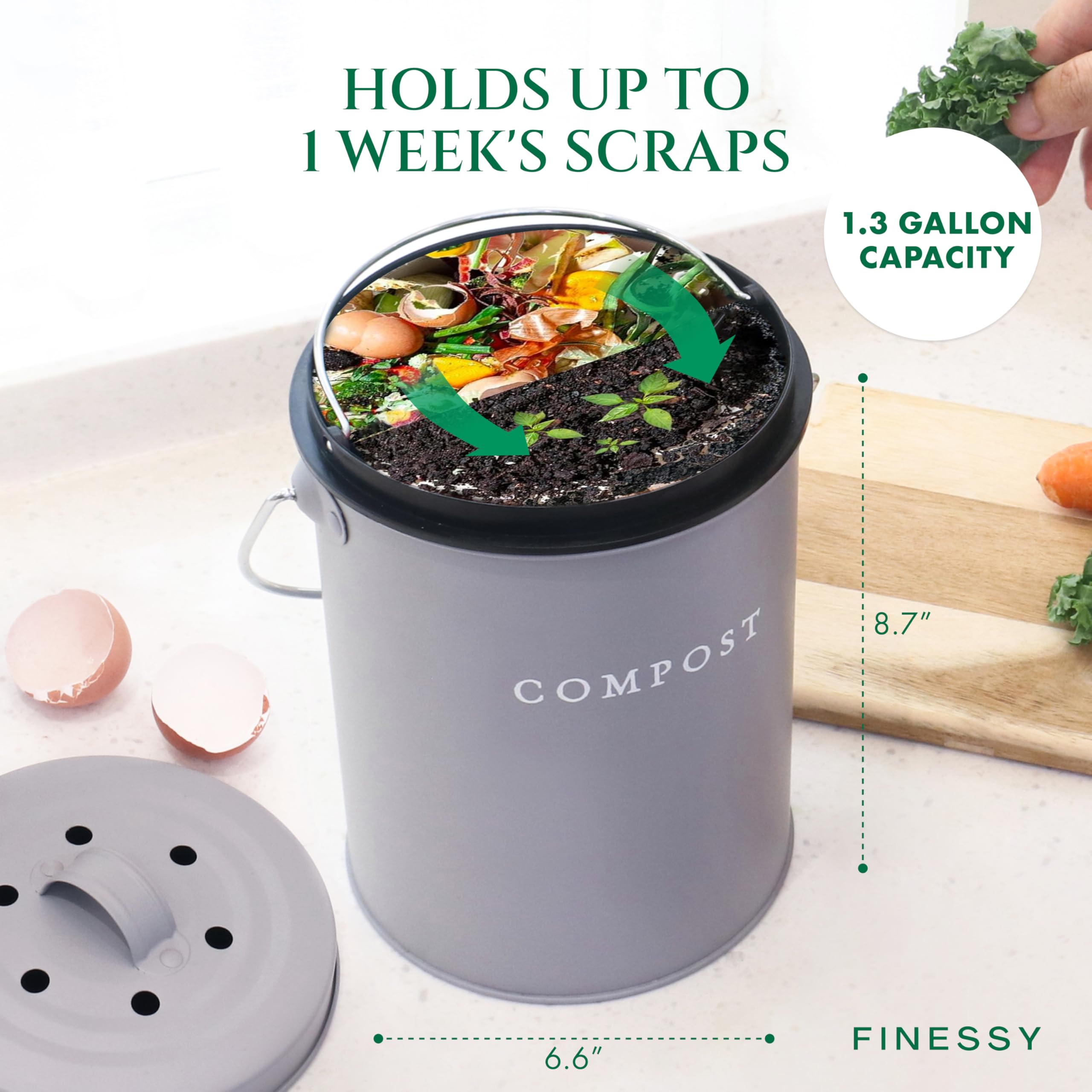 FINESSY compost bin next to fruit for scale and practical capacity