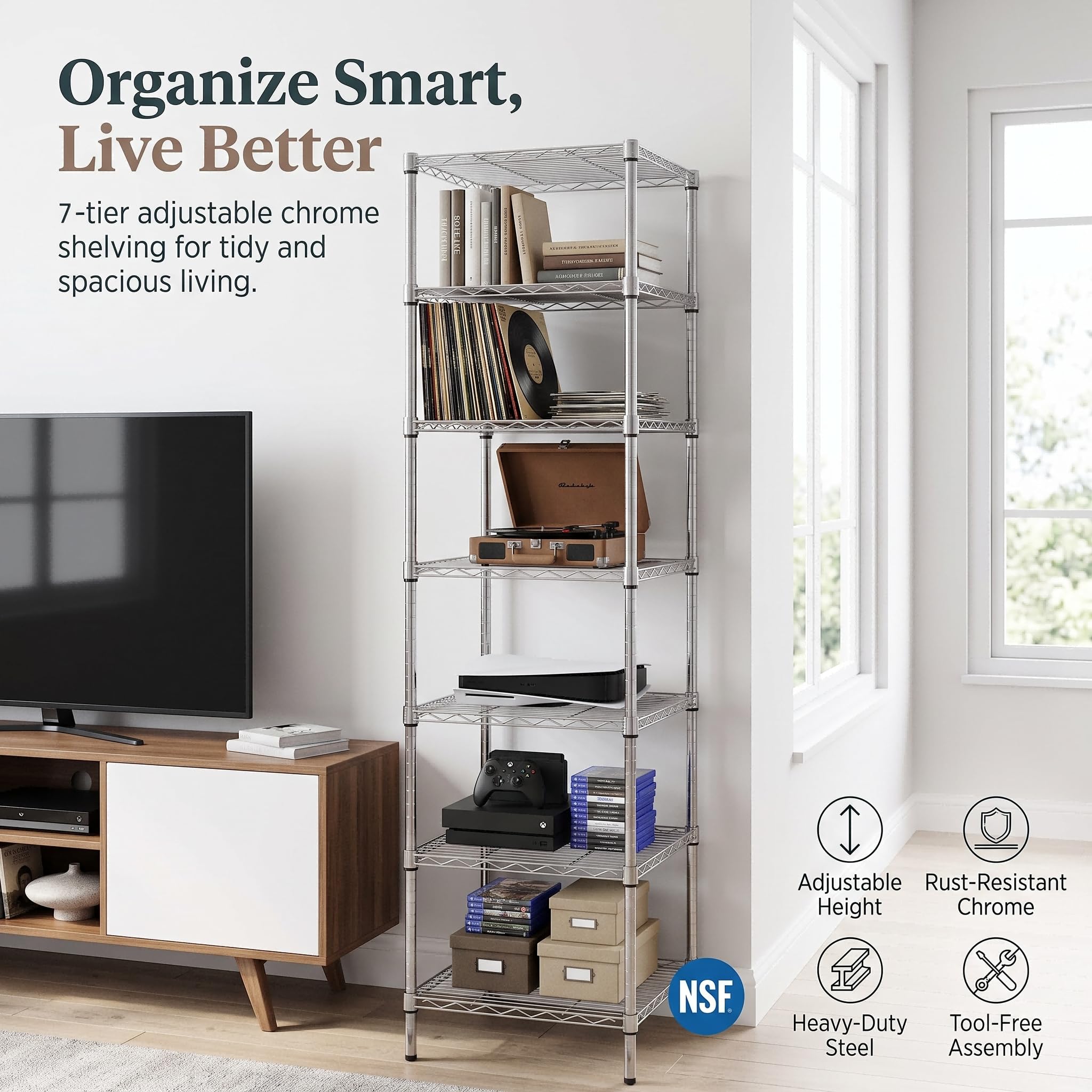 Finnhomy adjustable shelf clip detail showing customizable shelf height benefit