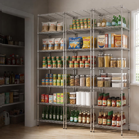 Finnhomy shelving next to chair to show 72-inch height and space-saving benefit