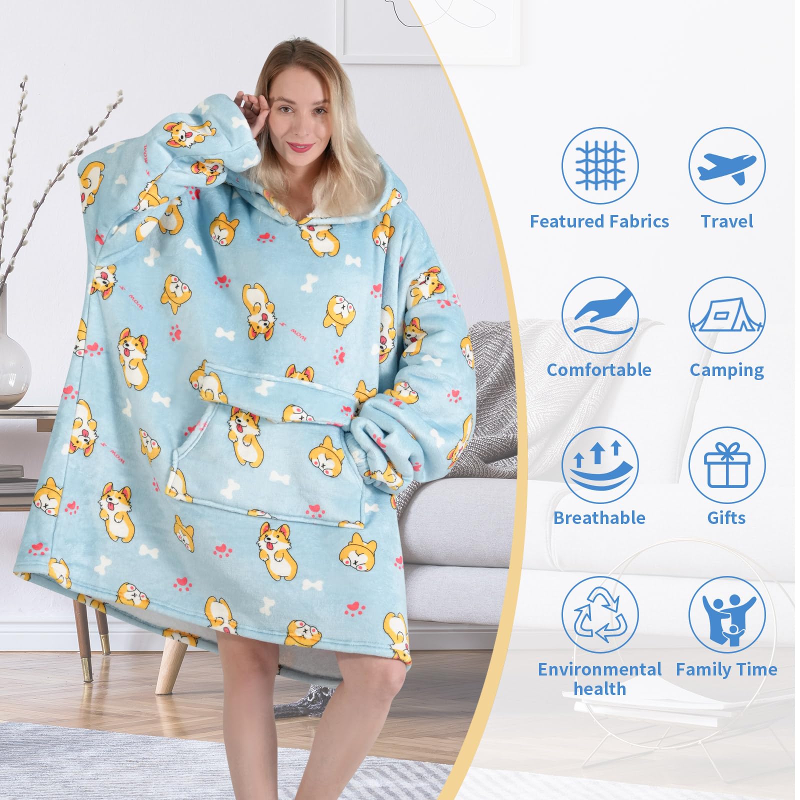 Fiosnow hoodie next to chair illustrating one-size oversized coverage
