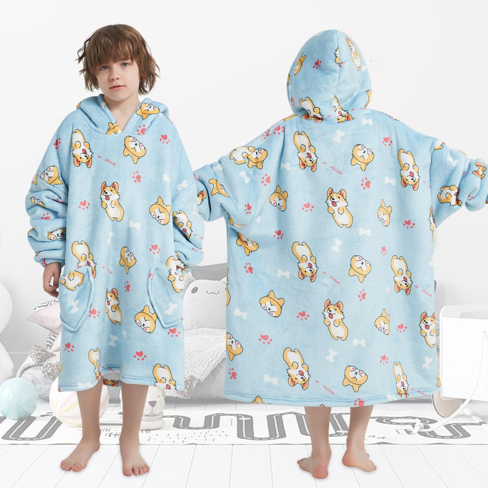 Child wearing Fiosnow corgi hoodie outdoors demonstrating cozy, portable warmth