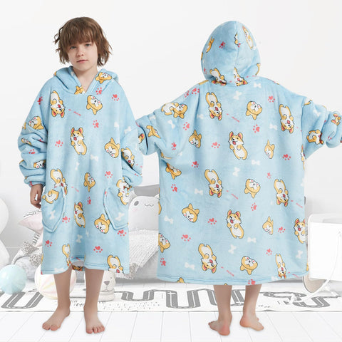 Child wearing Fiosnow corgi hoodie outdoors demonstrating cozy, portable warmth