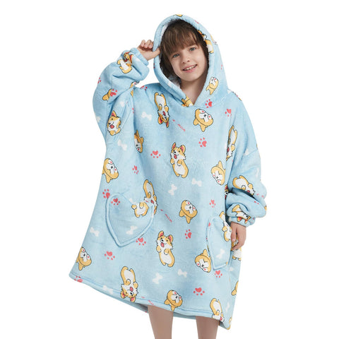 Fiosnow corgi hoodie front view showing full oversized blanket fit and comfort