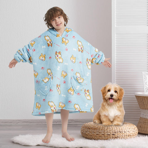 Fiosnow corgi hoodie draped on chair showing size and coverage for kids