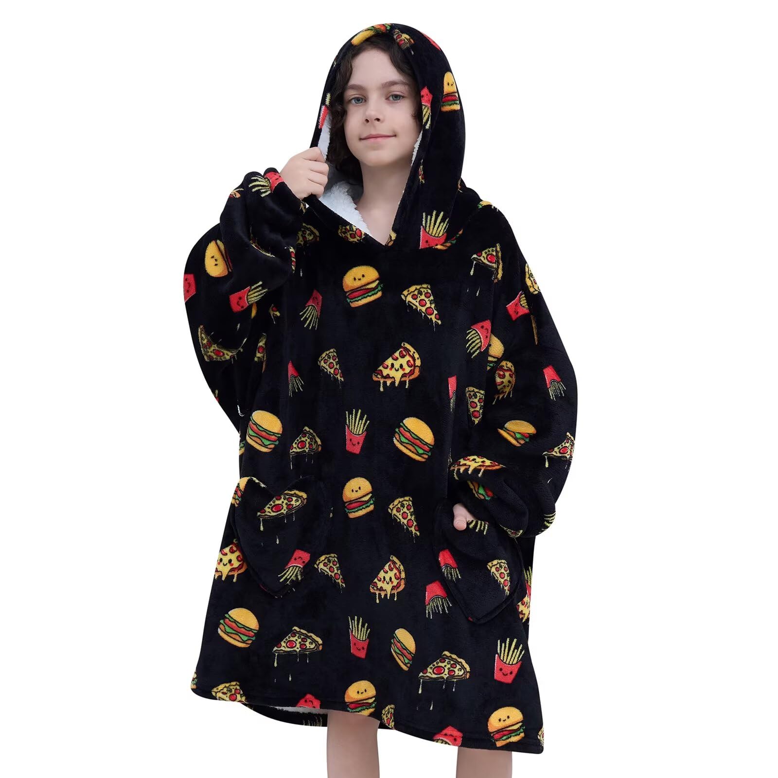 Fiosnow front view hoodie pizza and chips design shows warm coverage