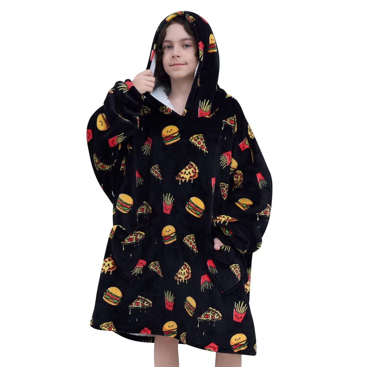 Fiosnow front view hoodie pizza and chips design shows warm coverage