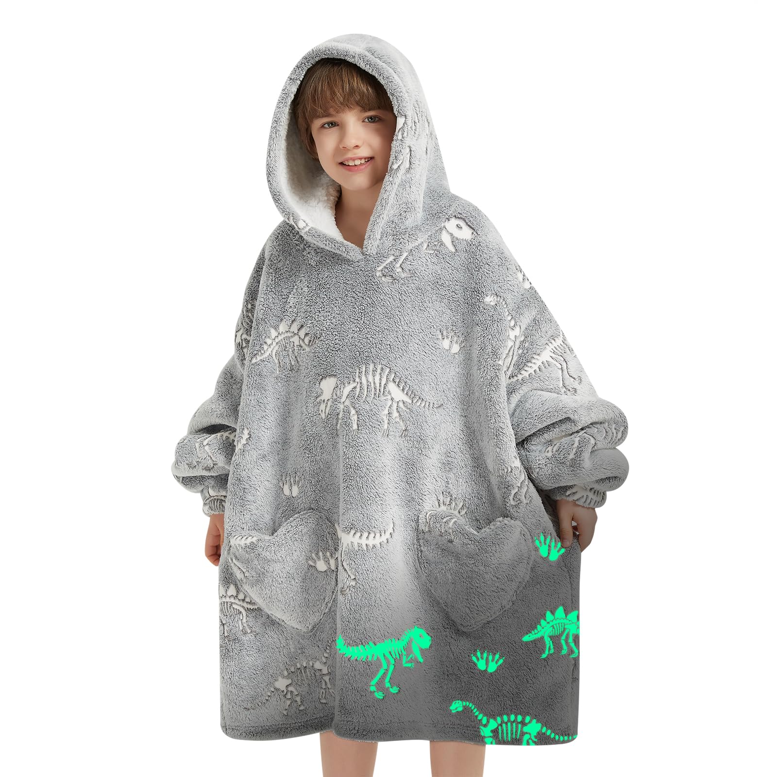 Fiosnow front view hoodie showing oversized cozy fit and dinosaur print benefit warmth