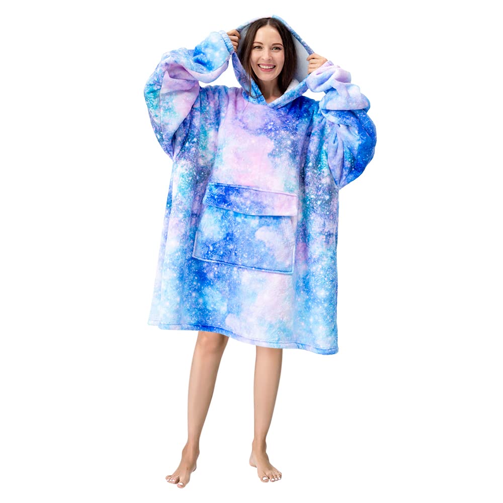 Fiosnow Galaxy blanket hoodie hood detail demonstrating head coverage and comfort