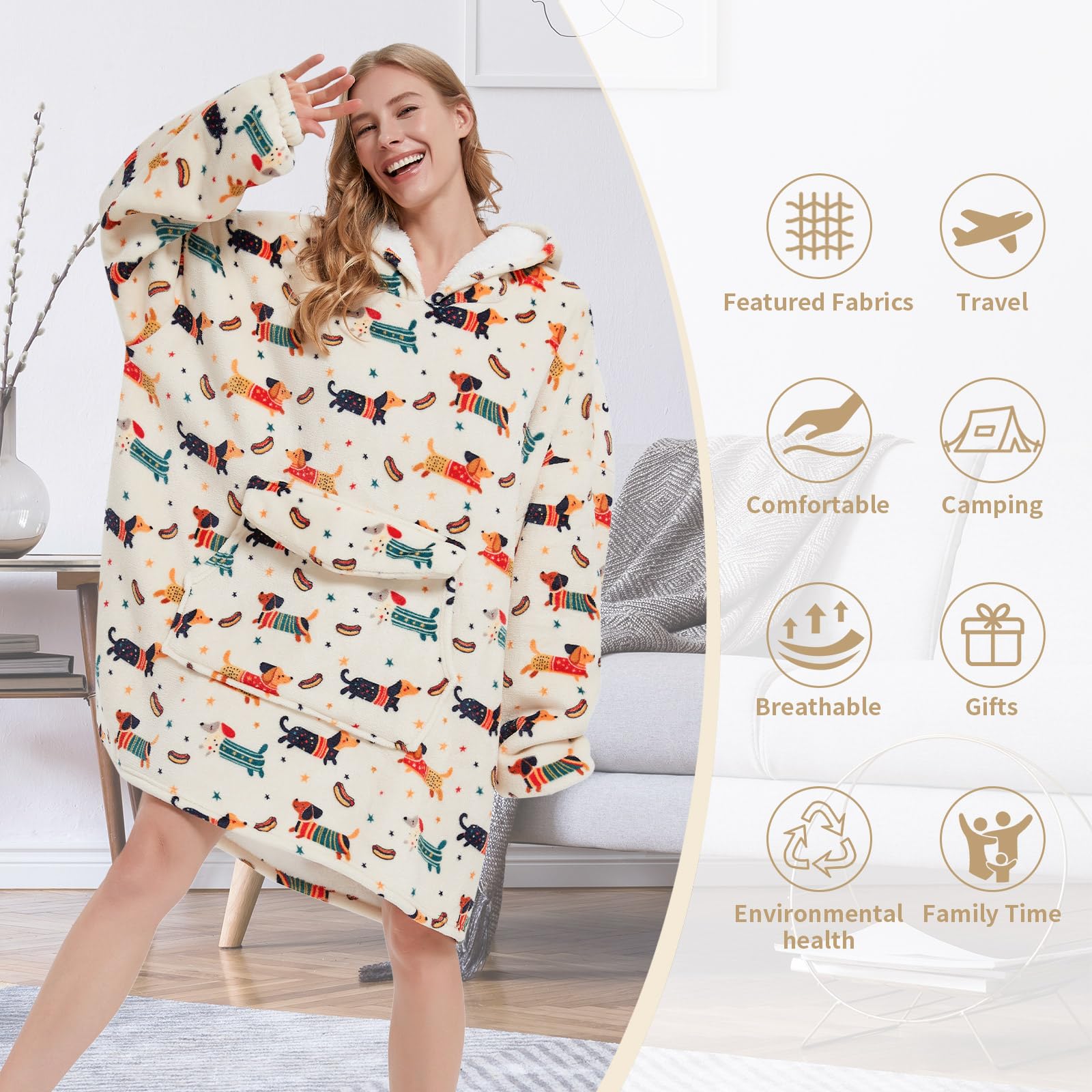 Fiosnow worn by model on couch demonstrating comfort and coverage indoors