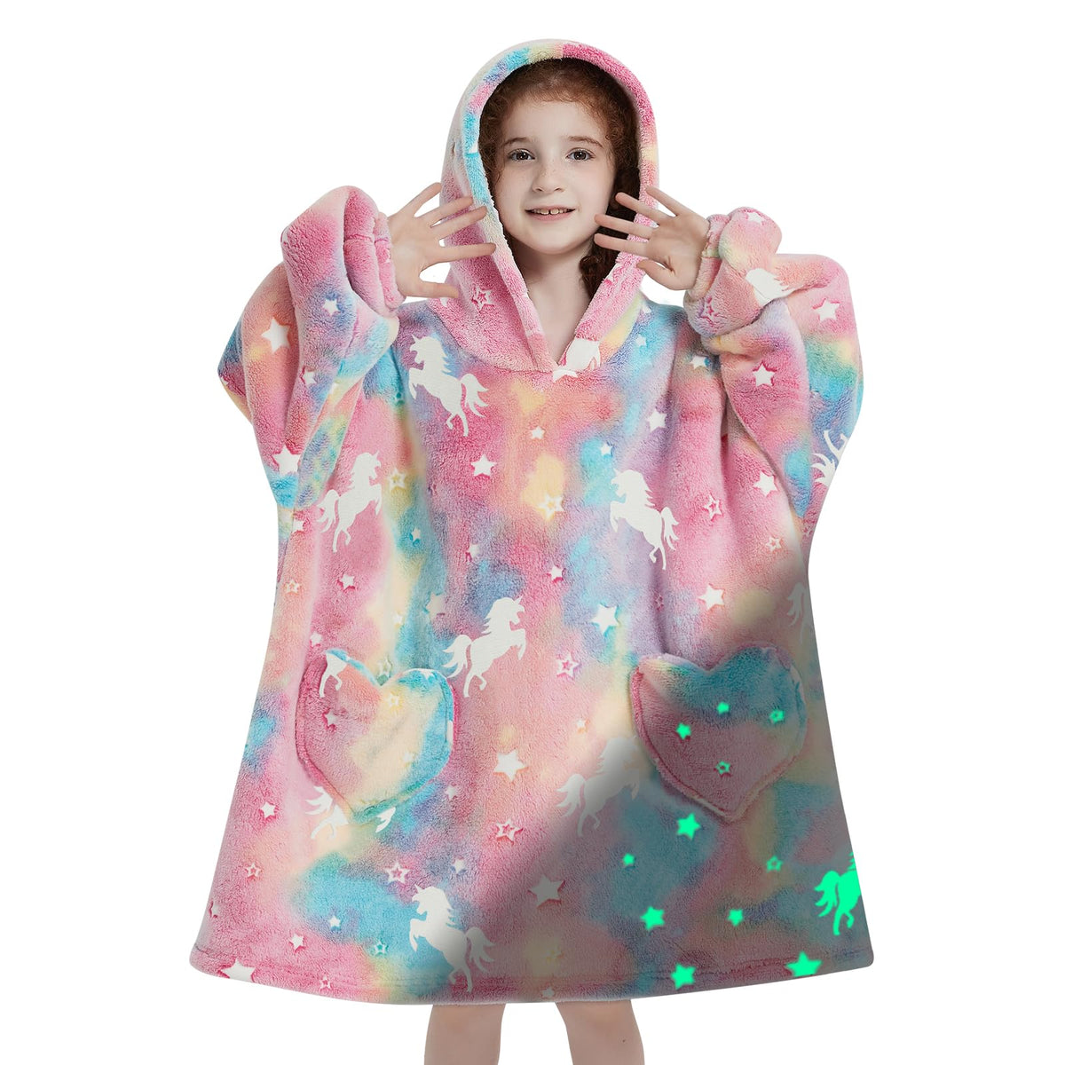 Fiosnow front view of unicorn hoodie showing oversized fit and cozy look