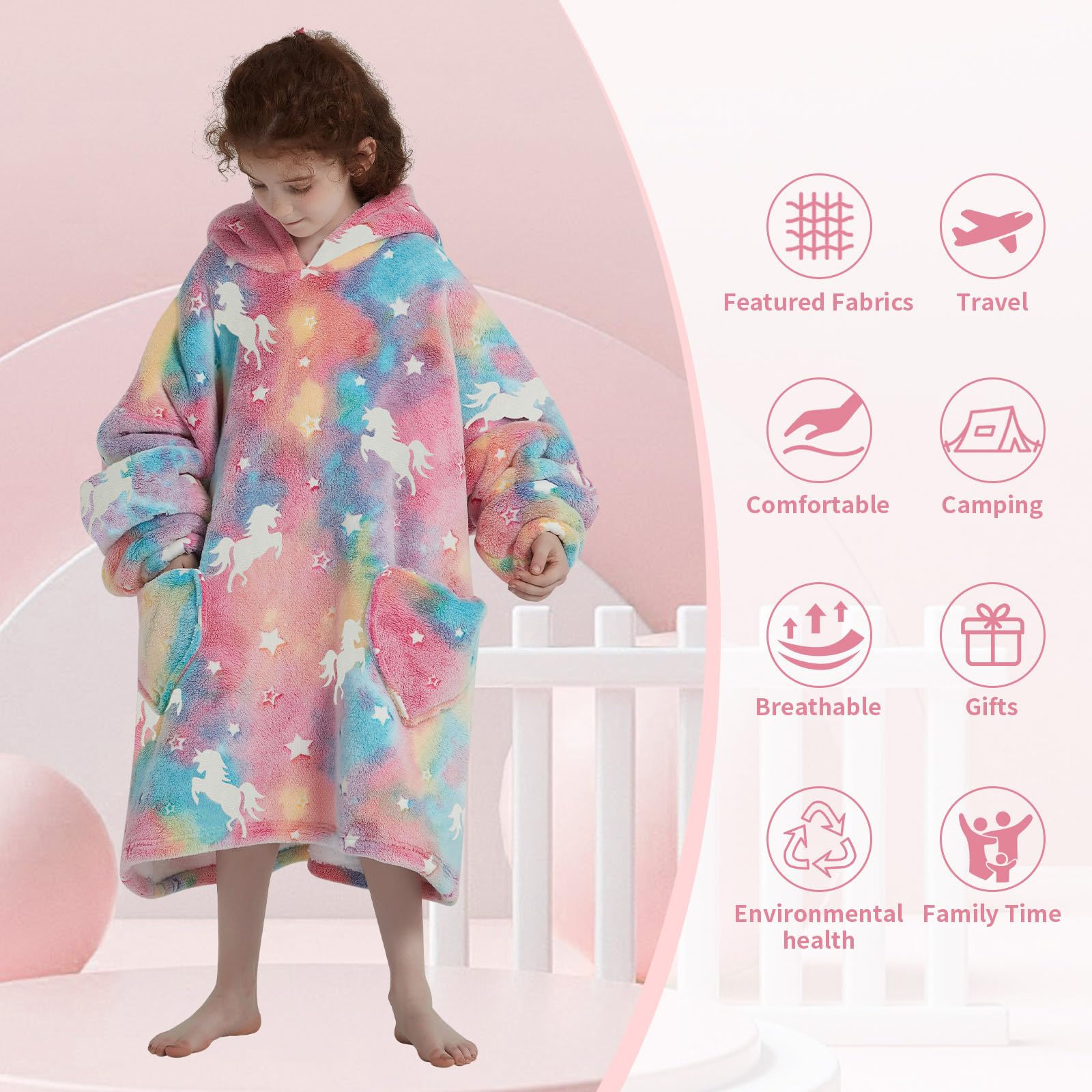 Fiosnow hoodie next to ruler showing one-size fit for ages six to thirteen