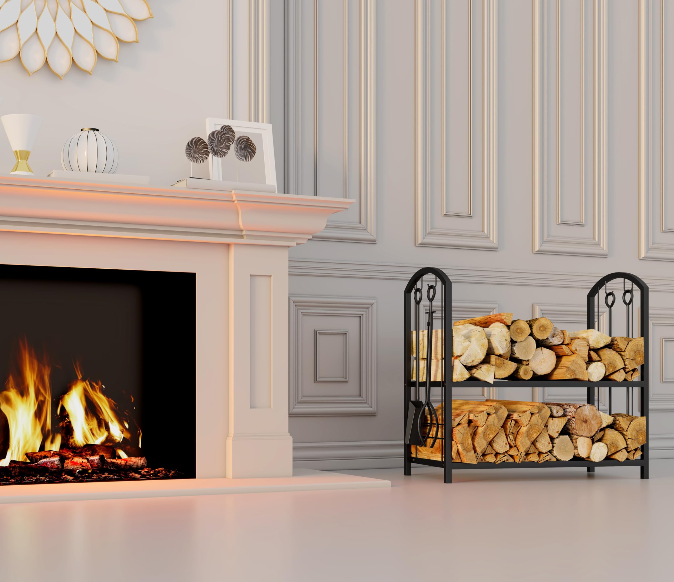 Fire Beauty staged by indoor fireplace creating a cozy organized scene
