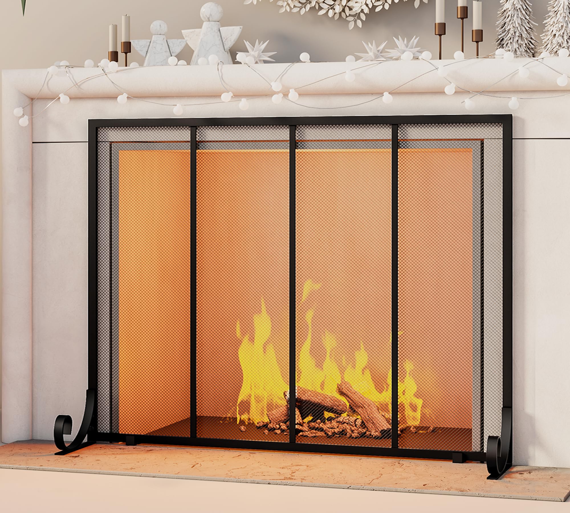 Fire Beauty closeup wrought iron mesh capturing sparks and offering clear view