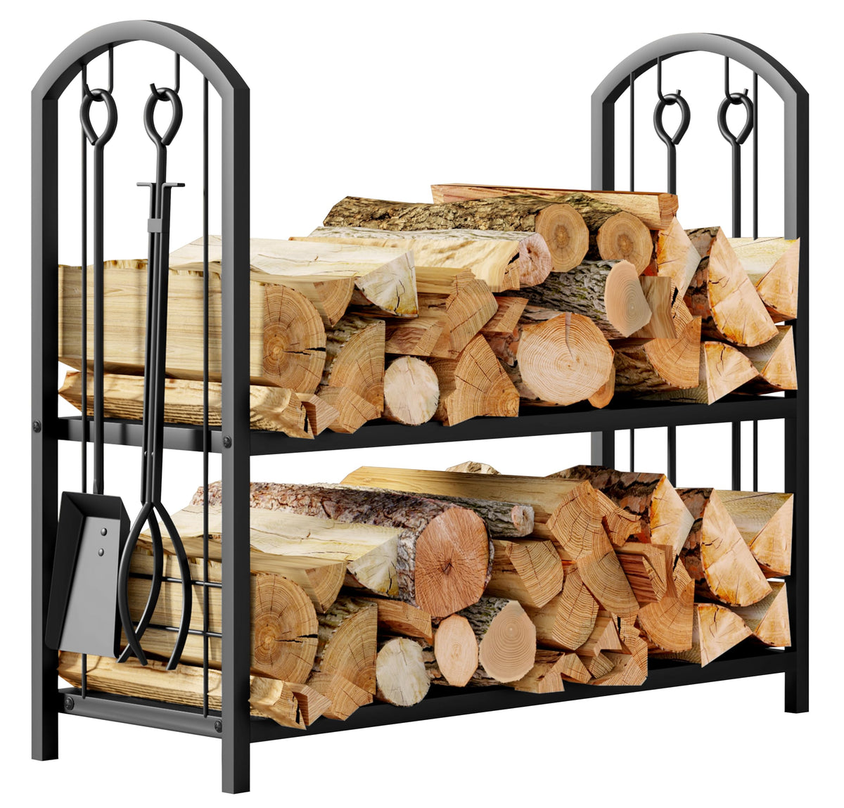 Fire Beauty front view of log rack showing organized storage and tidy hearth