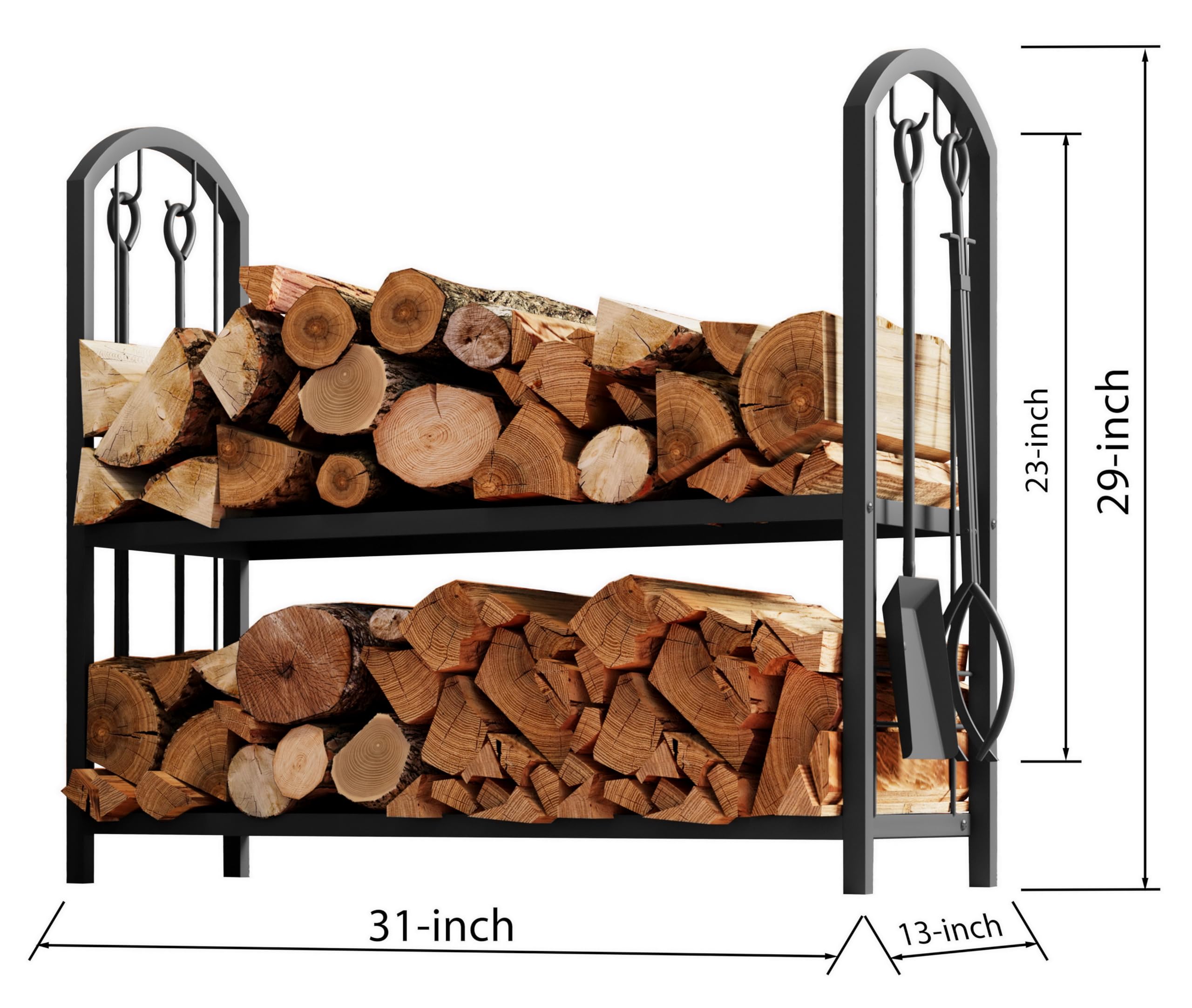Fire Beauty two-tier shelves loaded with logs demonstrating ample capacity
