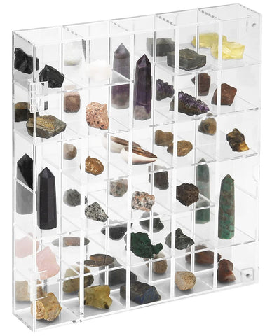 FIRE ROSE front view clear acrylic display showing 30 compartments and dust protection