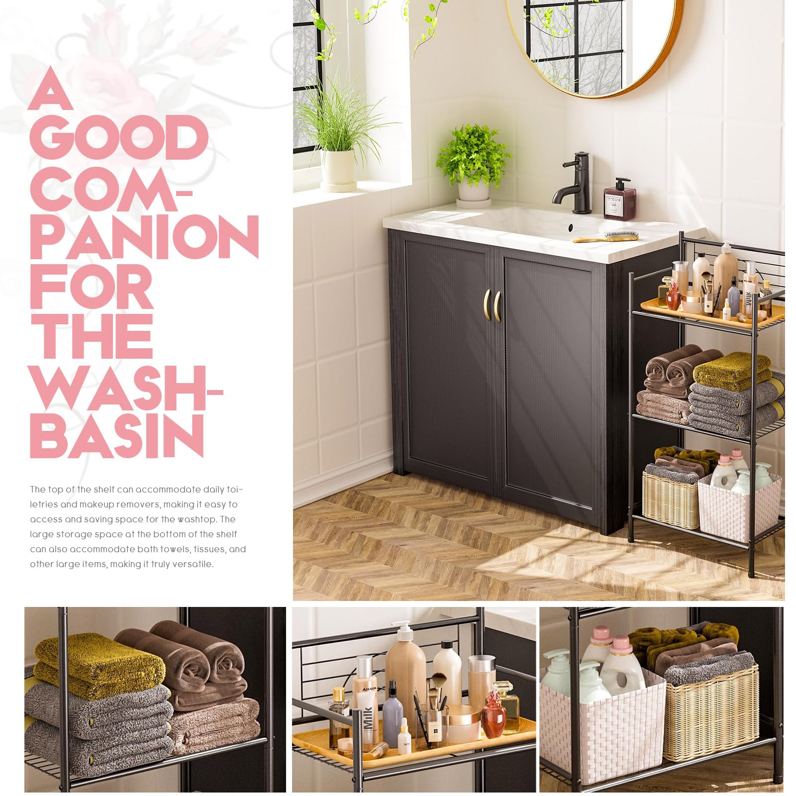 FIRE ROSE LEEDA in a bathroom holding toiletries and towels for organized storage