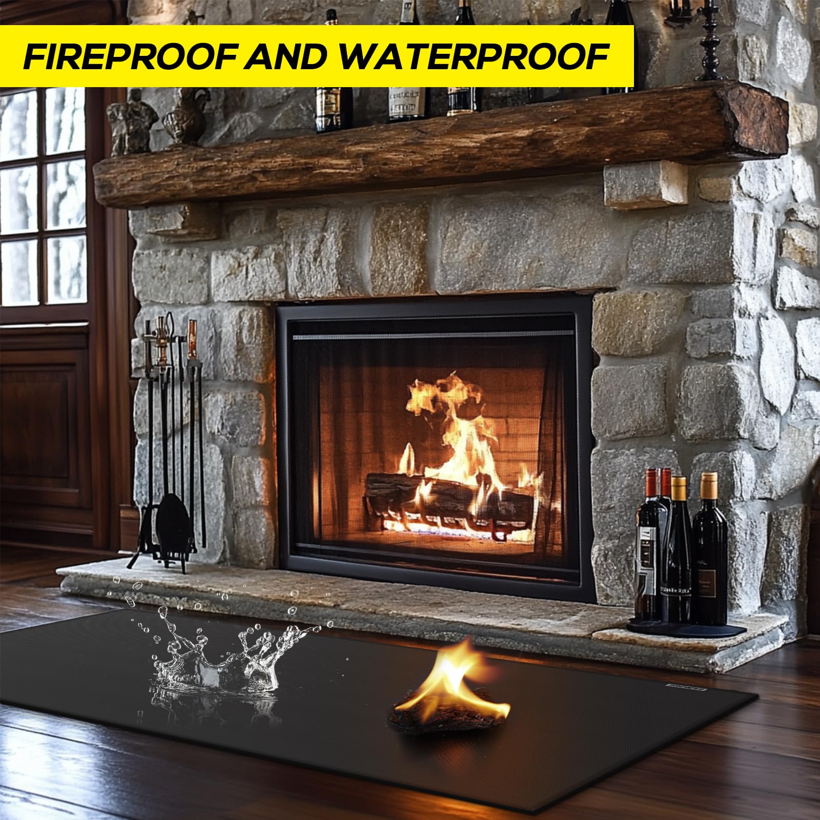 FIREWESS hearth rug under wood stove blocking embers and sparks