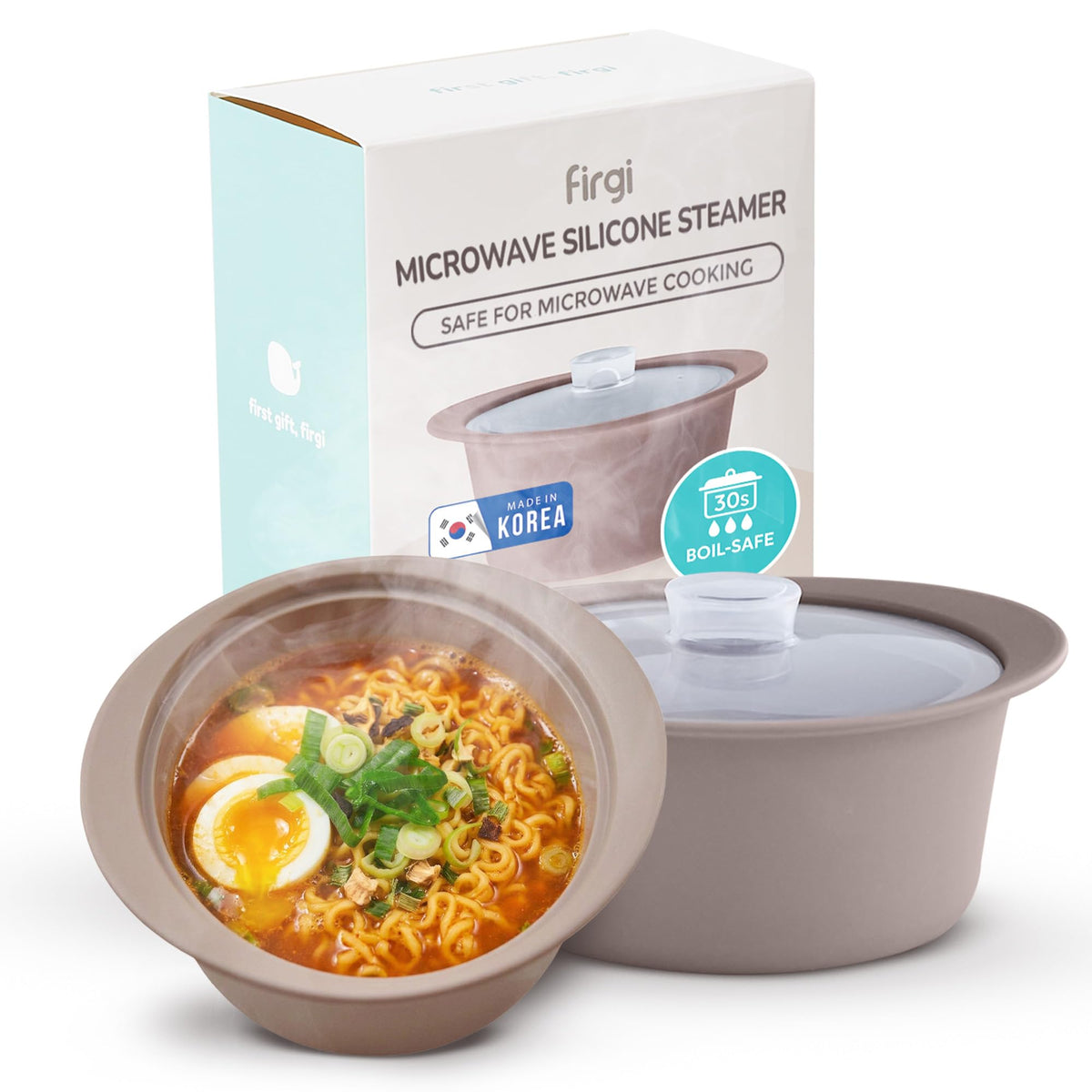 FIRGI front view with lid showing compact, versatile steamer