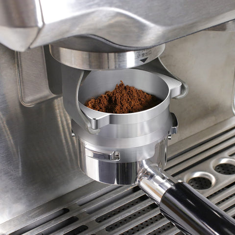 FIRJOY funnel attached to Breville 54mm portafilter for tidy grinding