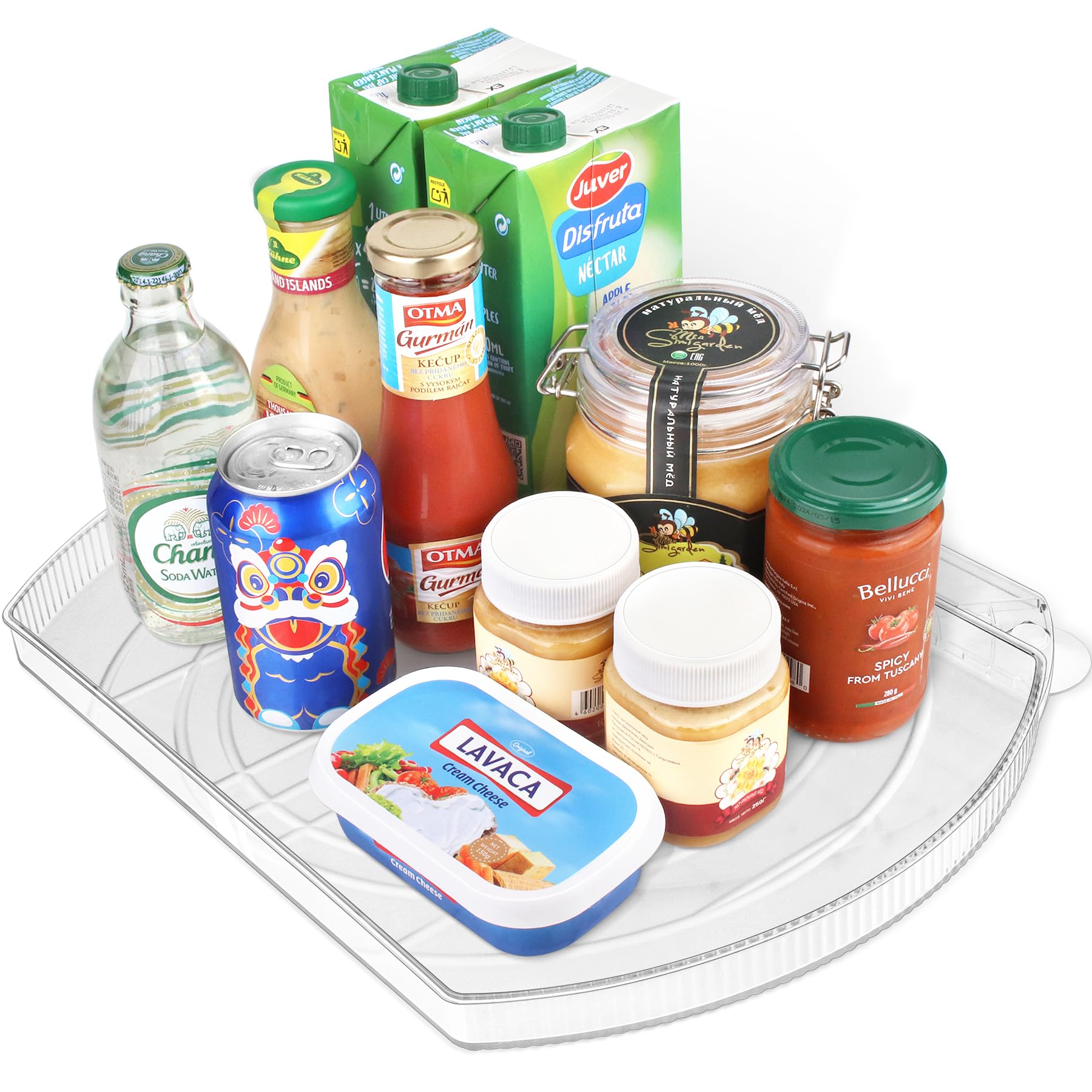 FIRJOY front view of clear rectangular lazy susan showing practical storage benefit