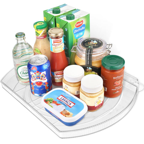FIRJOY front view of clear rectangular lazy susan showing practical storage benefit