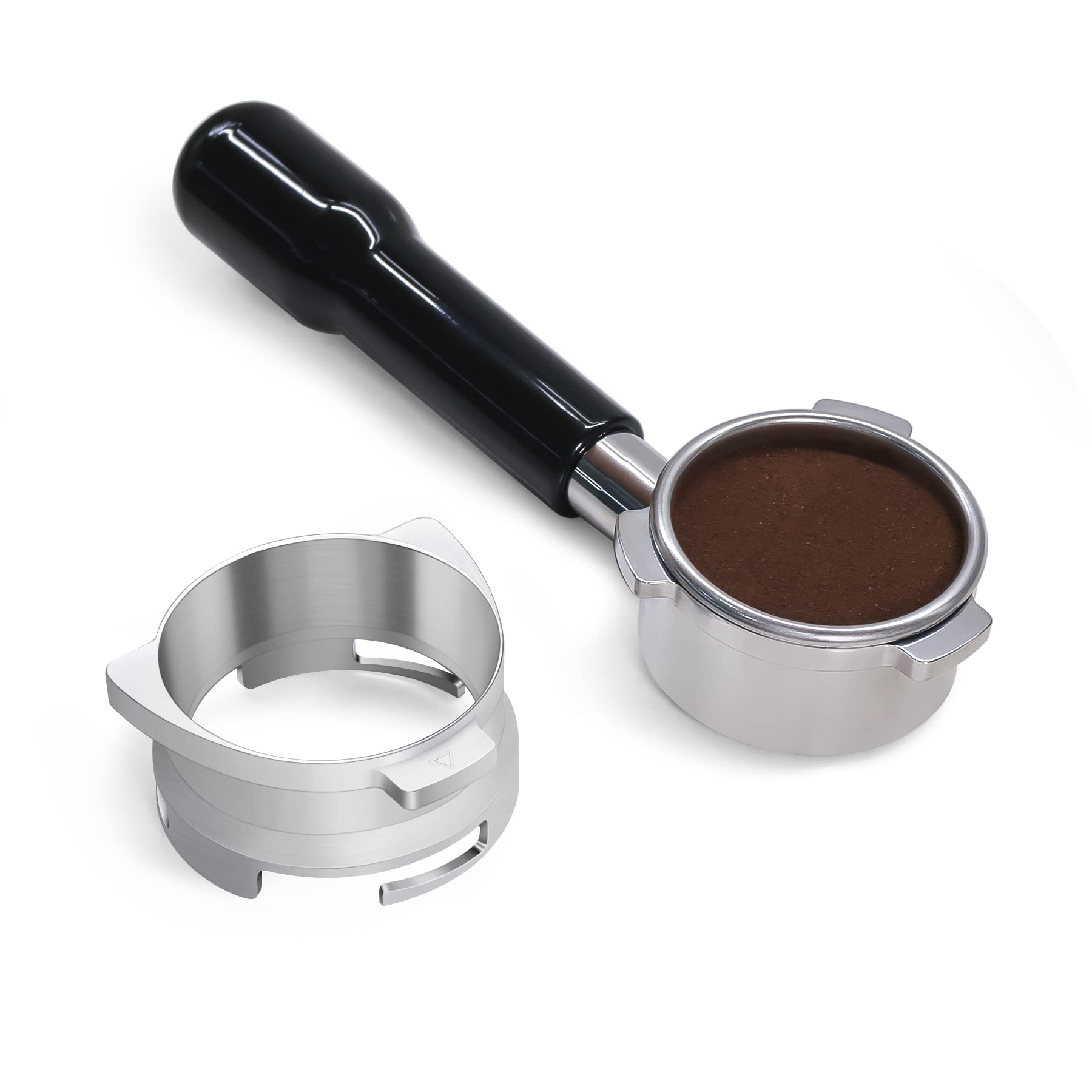 FIRJOY funnel beside portafilter showing scale for correct 54mm compatibility