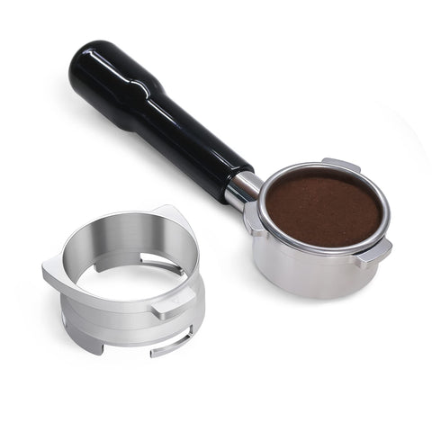 FIRJOY funnel beside portafilter showing scale for correct 54mm compatibility