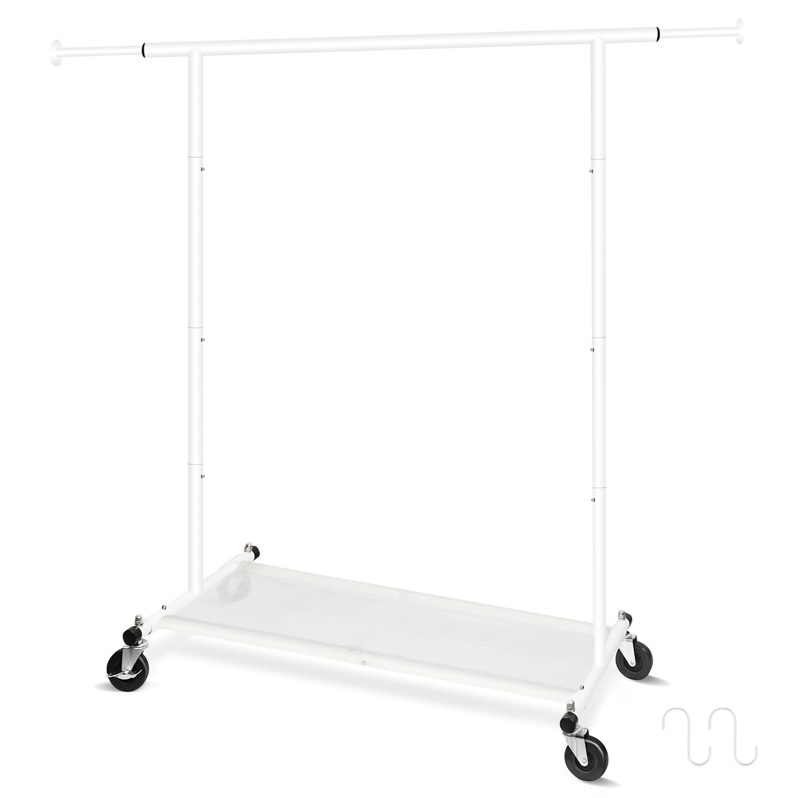 Fishat front view of white garment rack showing sturdy frame and neat storage benefit