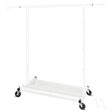 Fishat front view of white garment rack showing sturdy frame and neat storage benefit