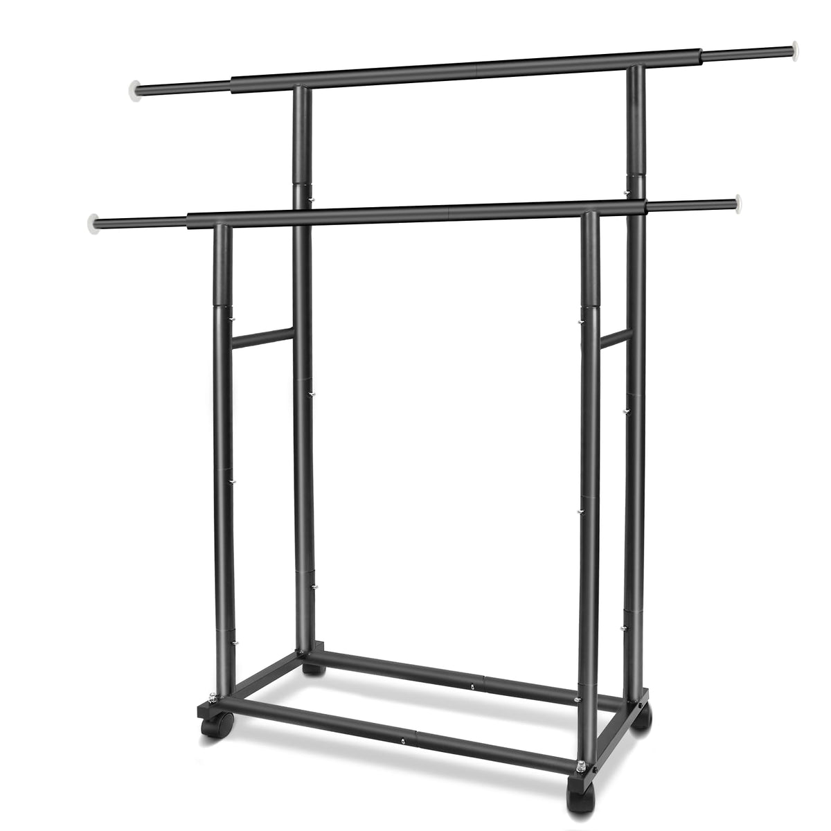 Fishat front view of black double-rod rack showing capacity and neat storage