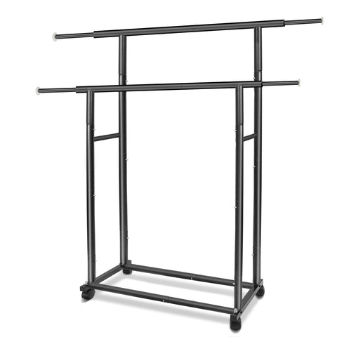 Fishat front view of black double-rod rack showing capacity and neat storage