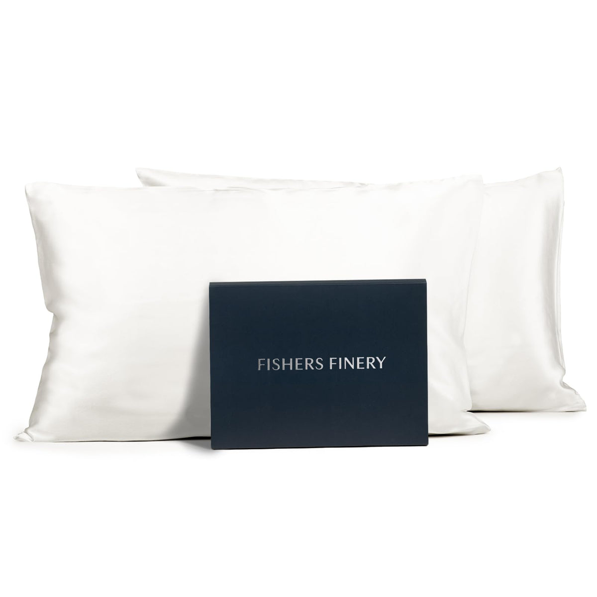 Fishers Finery front view of white queen pillowcase two-pack showing neat packaging and luxury