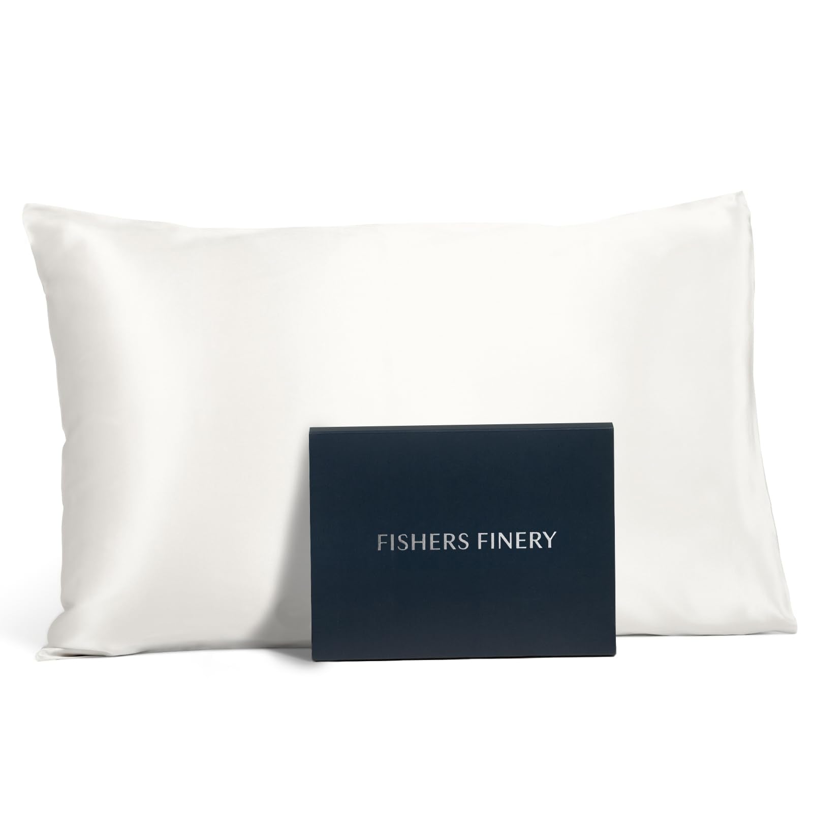 Fishers Finery front view of white queen silk pillowcase showing smooth finish and elegance