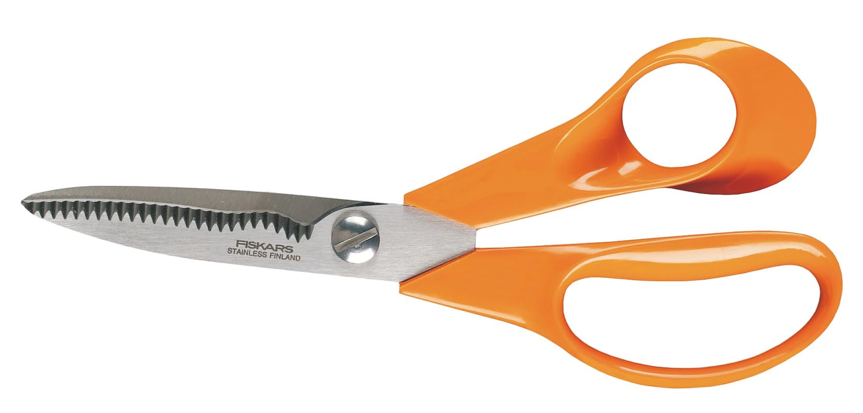 Fiskars front view showing compact scissors and orange handles, durable everyday cutting