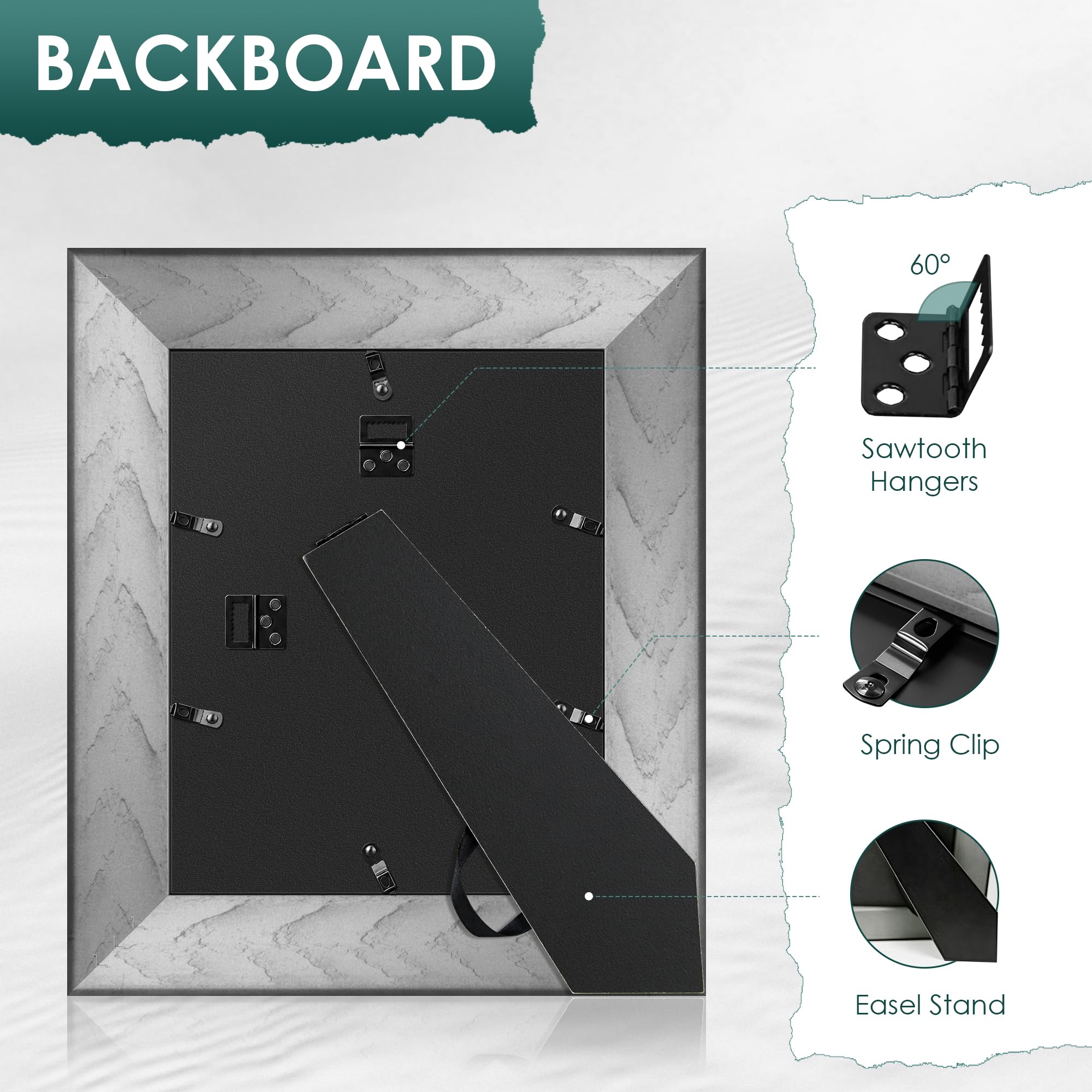 Fisnish back panel with sawtooth hook showing secure hanging benefit