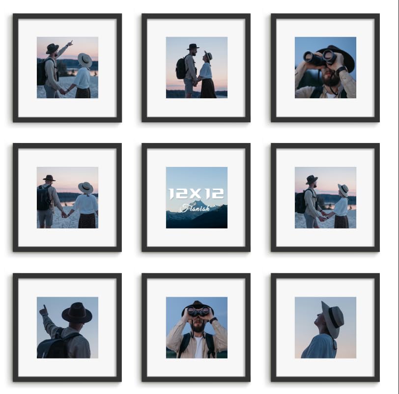 Fisnish front view of ten black frames showing neat, cohesive gallery appearance