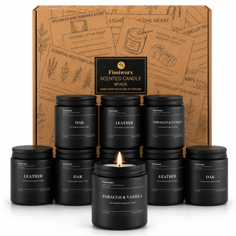 fissiworx front packaging showing nine black jar candles and box, ideal for gifting