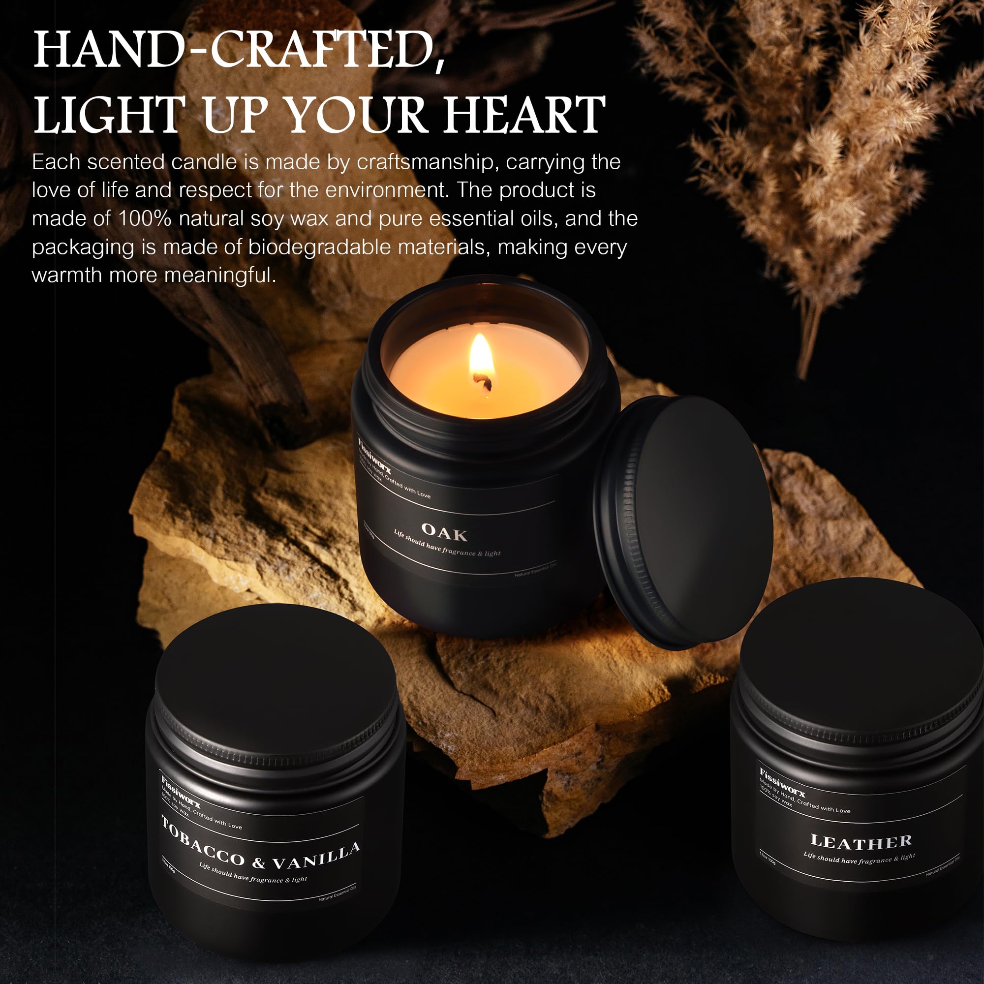 fissiworx leather candle burning in low light, demonstrating cozy smoky ambiance