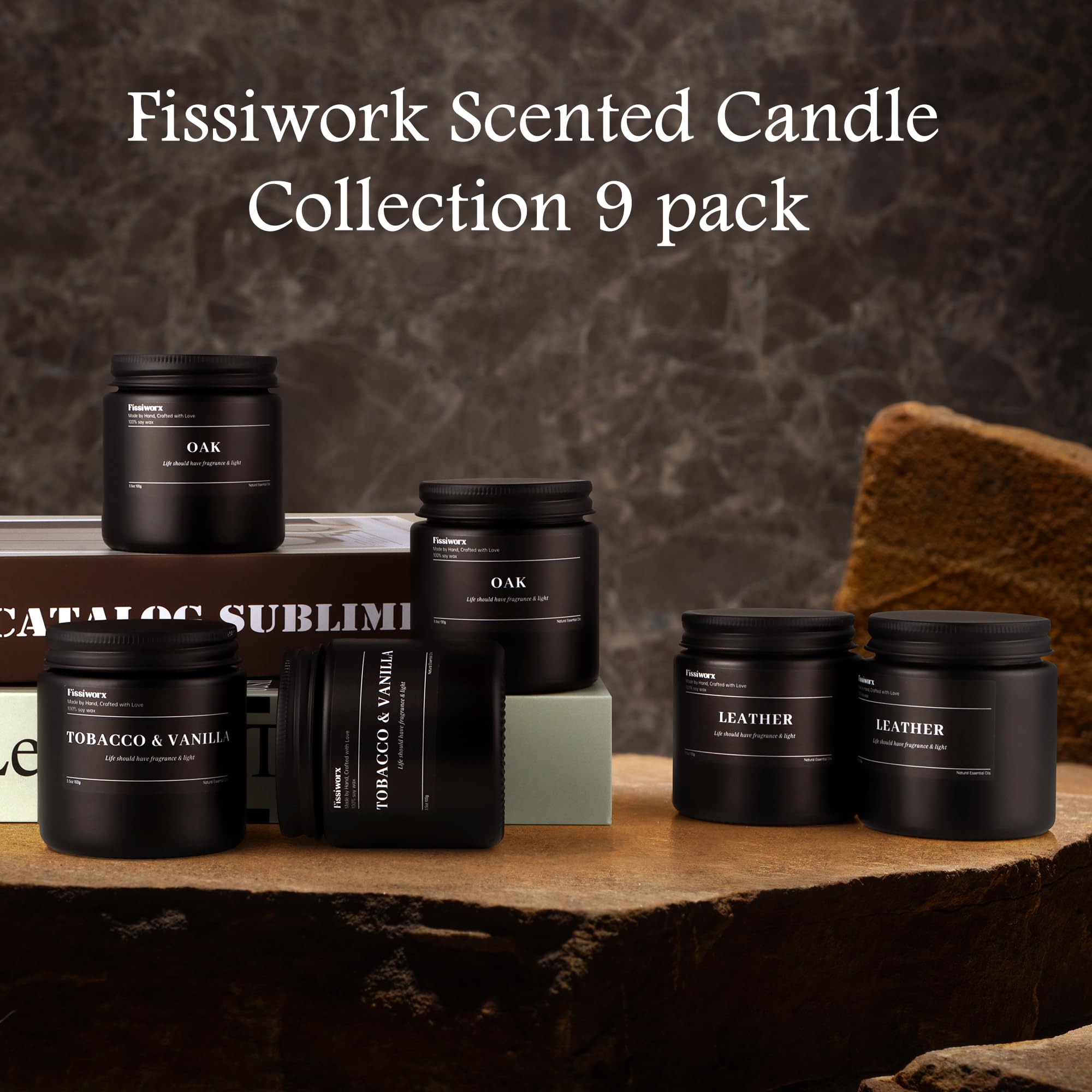 fissiworx oak candle detail of textured jar and label, showing rugged wood-inspired scent