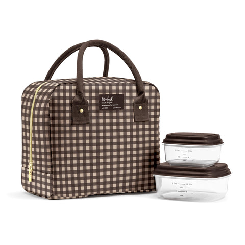Fit & Fresh front view of gingham tan lunch bag showing stylish exterior and handles for commuting ease