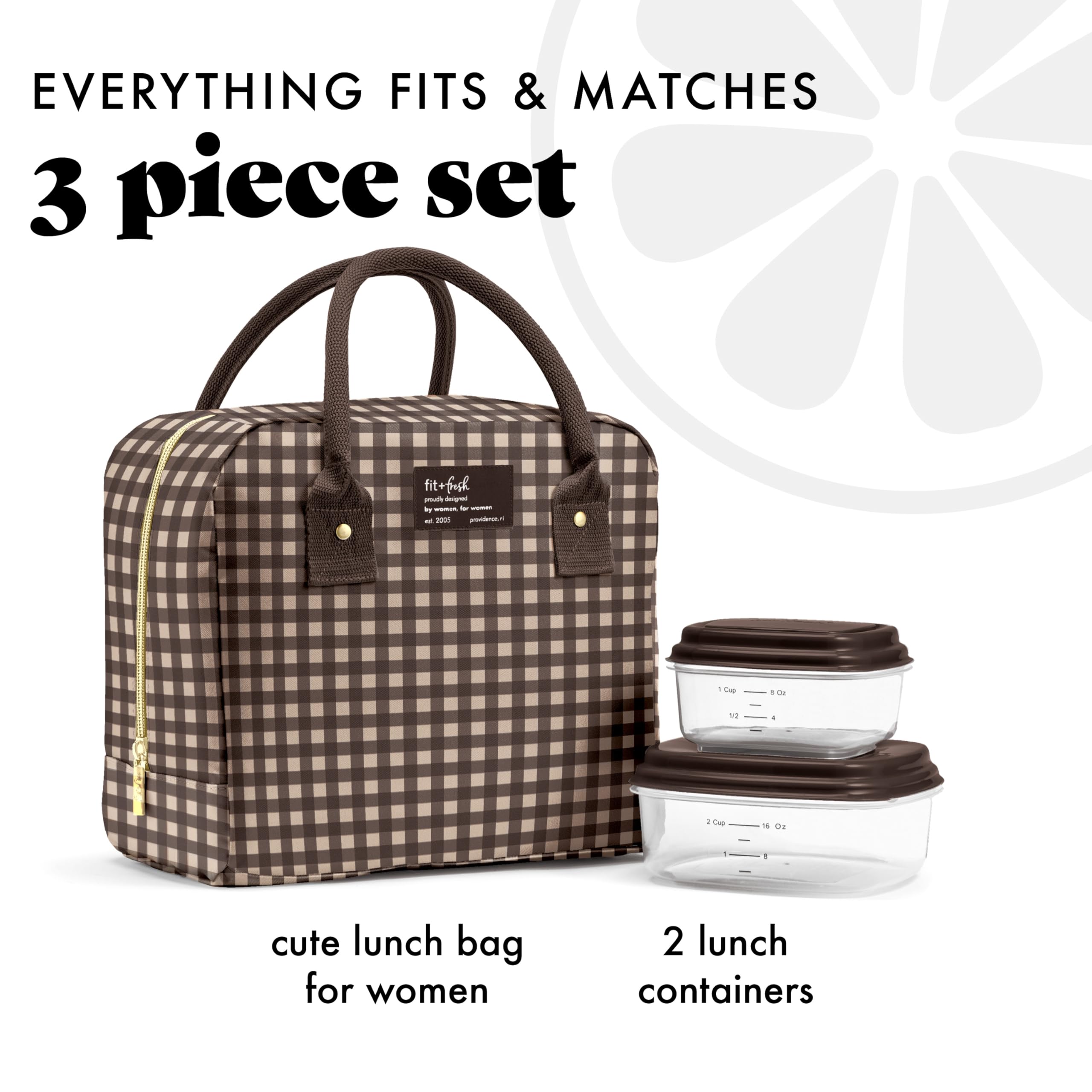 Fit & Fresh open wide top of Bloomington lunch bag displaying easy access and organized packing benefit