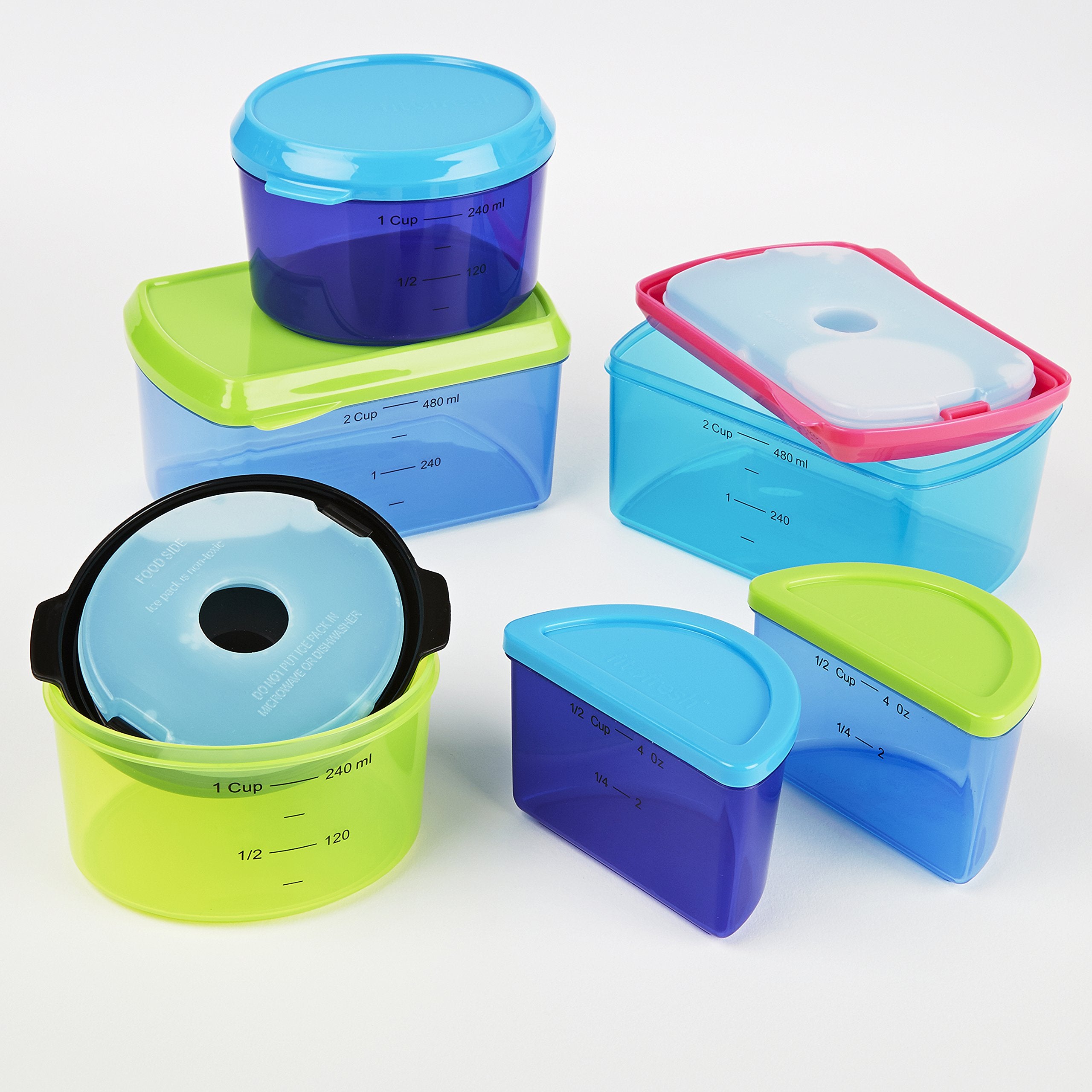 Fit & Fresh frozen reusable ice packs snapped into lids to keep food chilled longer