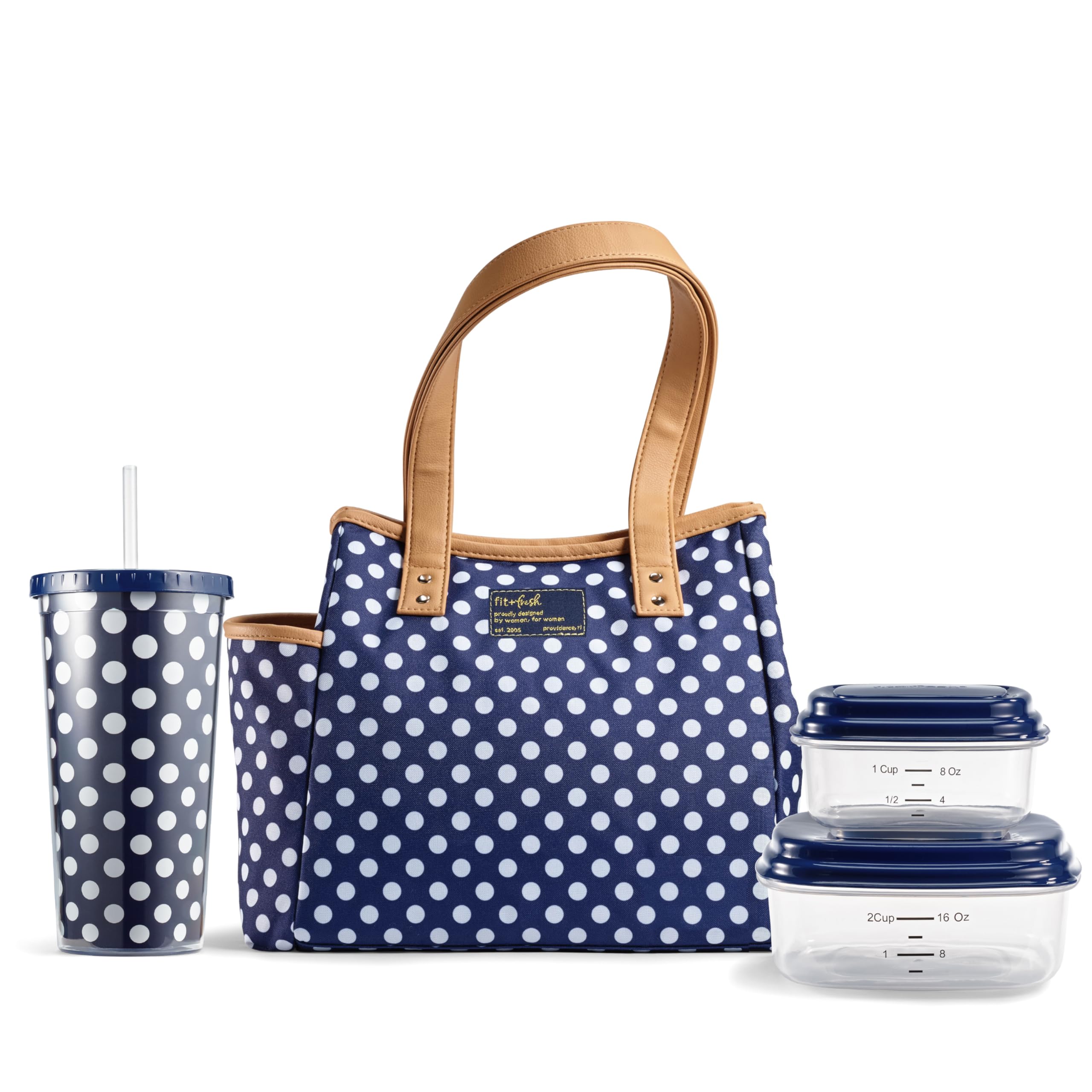 Fit & Fresh front view of navy dot lunch bag showing silhouette and zipper, stylish carry