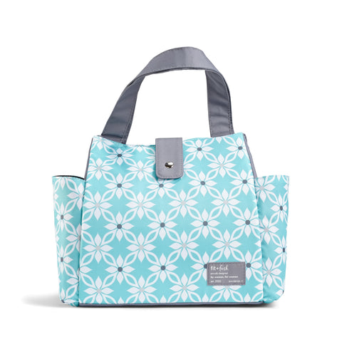 Fit & Fresh Westport front view showing aqua exterior and snap closure, stylish storage benefit